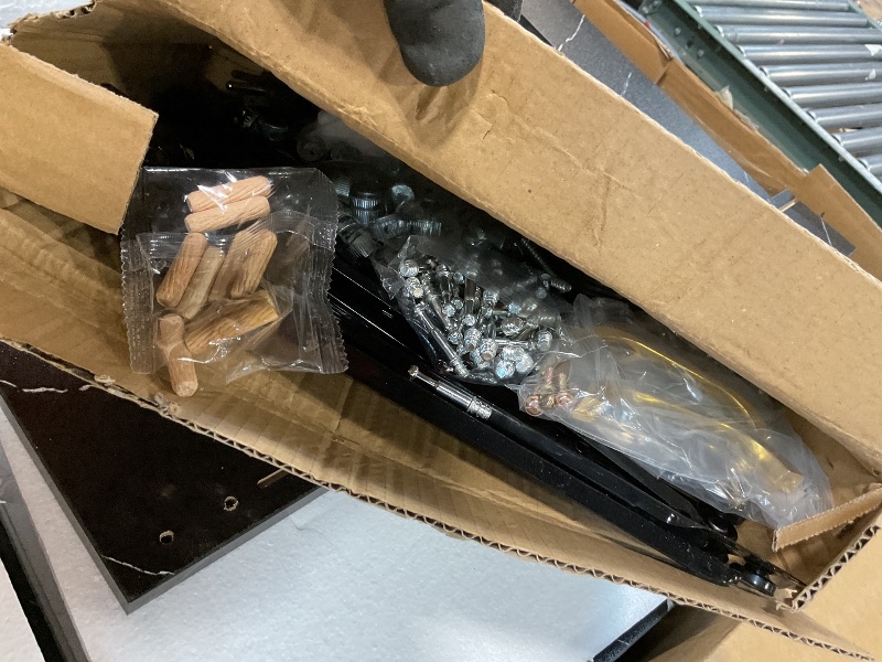 Photo 1 of **DIRT. DAMAGE TO CORNER**Vanity Desk With Sliding Mirror and LED Light, Makeup Vanity Set With Power Outlet, 3 Color Adjustable Light, Dressing Table With 4 Drawers, Storage Shelve & Stool for Bedroom, Marble-Black & White