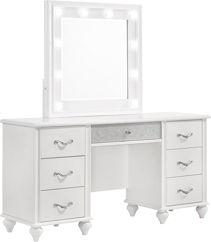 Photo 1 of **2 BOXES**Coaster Home Furnishings - Barzini - Wood - 7-Drawer Vanity Table with Mirror, 10 LED Lights, Chrome Handles and Diamond-Like Accents - Bedroom - White - 205897
