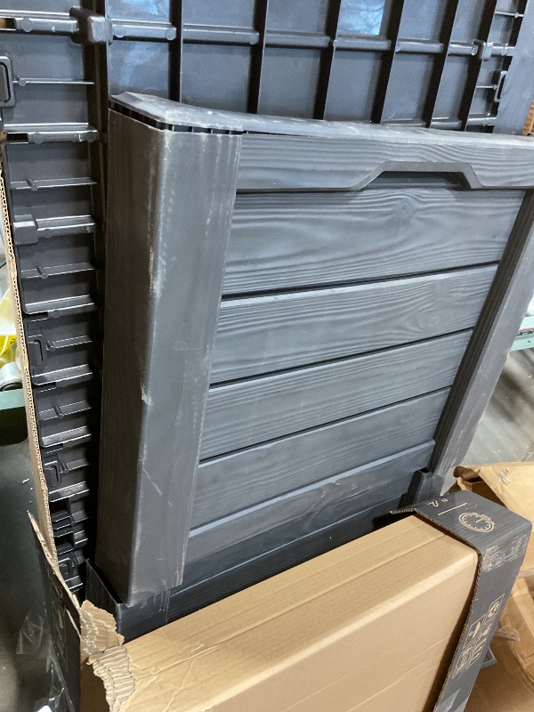 Photo 1 of **MAJOR DAMAGE TO ONE PIECE. SELLING FOR PARTS. DIRT. SCRAPES**Keter Westwood 150 Gallon Resin Large Outdoor Storage Box for Patio Furniture, Outdoor Cushions, Garden Tools and Pool Floats, Dark Grey