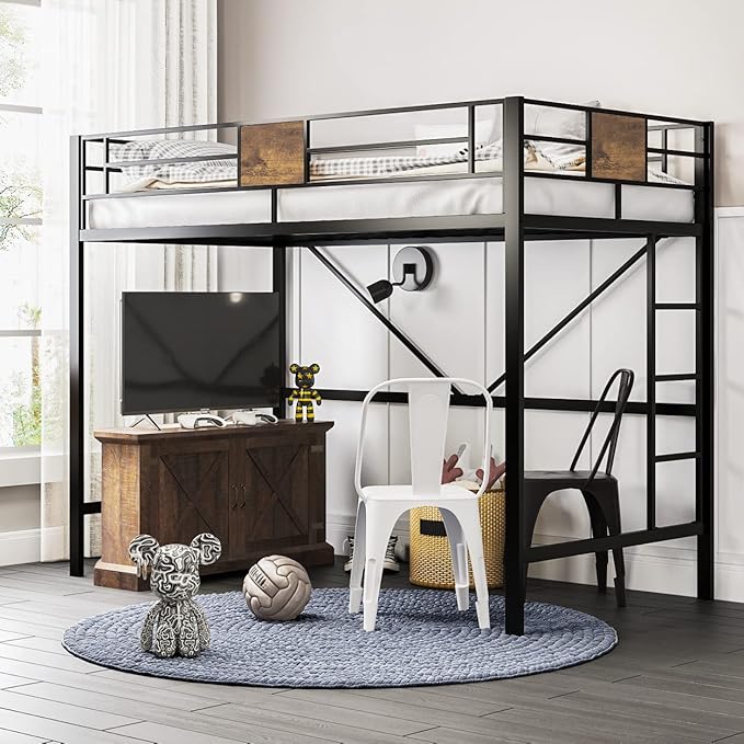 Photo 1 of ***FOR PARTS ONLY / MISSING ASSEMBLY PIECES*** SHA CERLIN Loft Bed Twin Size with Ladder and Guardrail,Rustic Design,Metal Slats Support No Box Spring Needed Small Space Saving Furniture for Bedroom Dorm