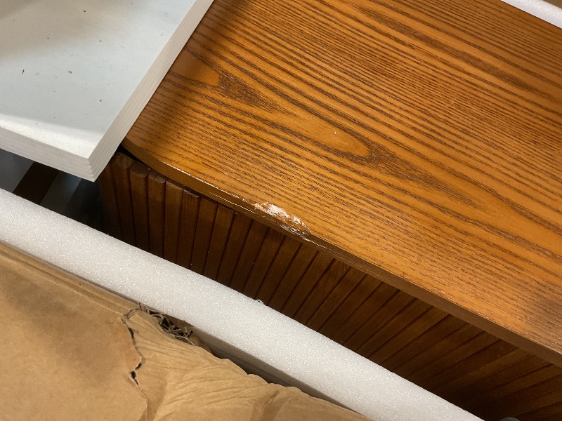 Photo 1 of **SLING DOOR PART IS LOOSE. TWO DENTS**POVISON 78.74" Sliding Tambour Door TV Stand, Fully Assembled Mid Century Modern TV Console, Wood Media Console with Tall-Cast Metal Legs, Entertainment Center with Storage Cabinet for Living Room