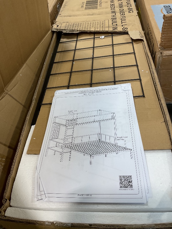 Photo 1 of **SELLING FOR PARTS AS PARTIAL SET. ONE BOX OF TWO**LINKHOO Bunk Bed Twin Over Full Size with Desk and Grid Panel L-Shaped Metal Bunk Bed with Guardrails, Ladder & Storage Shelves Loft Beds, Converts Into 2 Beds, No Box Spring Needed,Black