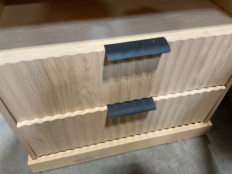 Photo 1 of **DIRT. SCRAPE**VASAGLE MAXE Collection - Nightstand with Charging Station, Fluted Night Stand, Bedside Table, Mid Century Modern Side End Table, 2 Drawers, 2 AC Outlets, 2 USB Ports, Oak Beige ULET626Y01S