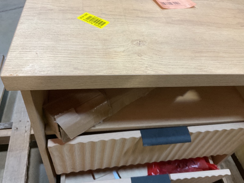 Photo 1 of **BASE PIECE LOOSE ON FRONT. DIRT**VASAGLE MAXE Collection - Nightstand with Charging Station, Fluted Night Stand, Bedside Table, Mid Century Modern Side End Table, 2 Drawers, 2 AC Outlets, 2 USB Ports, Oak Beige ULET626Y01S