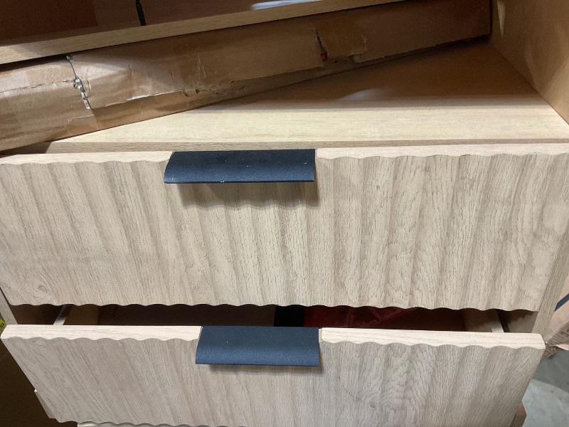 Photo 1 of **BASE PIECE LOOSE ON FRONT. DIRT**VASAGLE MAXE Collection - Nightstand with Charging Station, Fluted Night Stand, Bedside Table, Mid Century Modern Side End Table, 2 Drawers, 2 AC Outlets, 2 USB Ports, Oak Beige ULET626Y01S