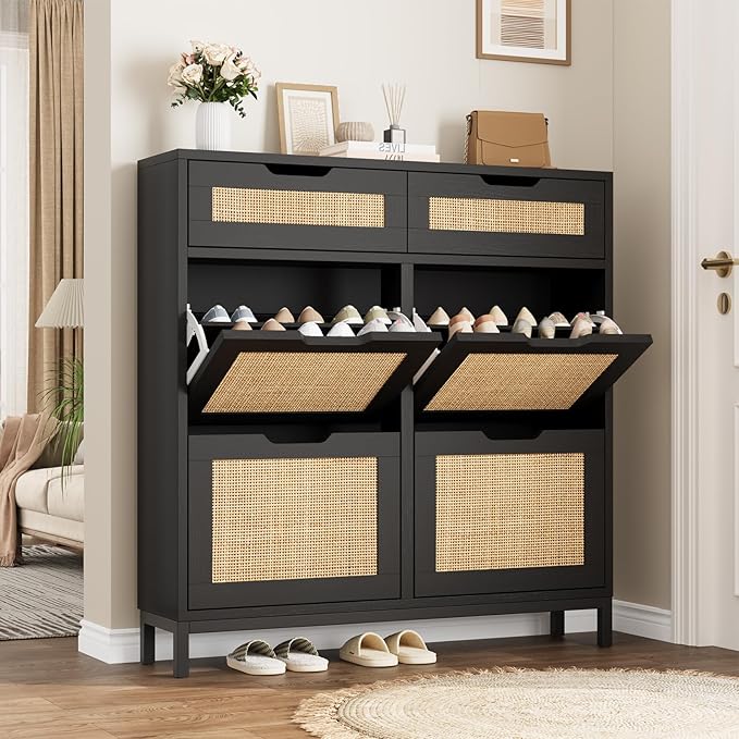 Photo 1 of ***PHOTO FOR REFERENCE ***Jocoevol Rattan Shoe Cabinet for Entryway with 4 Flip Drawers & 2 Top Drawers, Freestanding Narrow Shoe Storage Cabinet with Metal Legs for Foyer, Hallway BROWN 