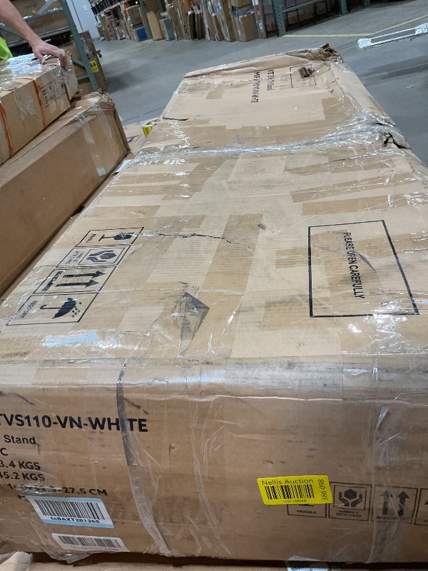 Photo 1 of **SELLING FOR PARTS. MAJOR DAMAGE TO MULTIPLE SMALLER PIECES**ComeWay Fireplace TV Stand for up to 65 Inch TVs, Farmhouse TV Stand with Open Shelves & Rustic Sliding Barn Doors, Mid Century Modern Wood Entertainment Center for Living Room Office, White