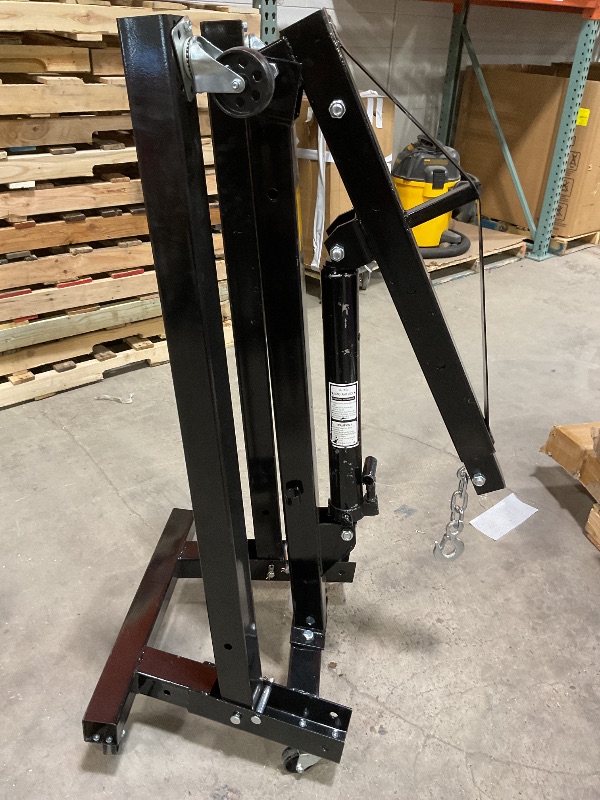 Photo 1 of ***USED, MINOR DAMAGE, PARTS MISSING***2-Ton Folding Engine Hoist Cherry Picker 44 Lb Capacity Hydraulic Shop Crane with Telescoping Boom 6 Caster Wheels for Automotive Repair Garage Use Includes Hitch and Storage Stand Black