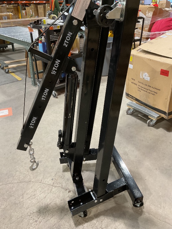 Photo 1 of ***USED, MINOR DAMAGE, PARTS MISSING***2-Ton Folding Engine Hoist Cherry Picker 44 Lb Capacity Hydraulic Shop Crane with Telescoping Boom 6 Caster Wheels for Automotive Repair Garage Use Includes Hitch and Storage Stand Black