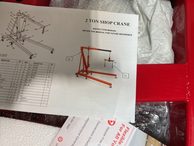 Photo 1 of ***STOCK PHOTO ONLY***GarveeTech 2 T Engine Hoist, Folding Cherry Picker Engine Hoist with Lever and 6 Casters, Heavy Duty Hydraulic Shop Crane, Engine Crane Lifter for Workshops Garage Warehouse, Red, with Lever