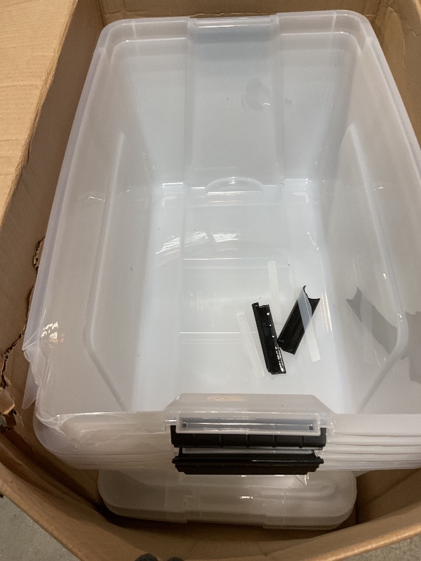 Photo 1 of ***MAJOR DAMAGE ***IRIS USA 72 Qt Stackable Plastic Storage Bins with Lids, 6 Pack - BPA-Free, Made in USA - See-Through Organizing Solution, Latches, Durable Nestable Containers, Secure Pull Handle - Clear