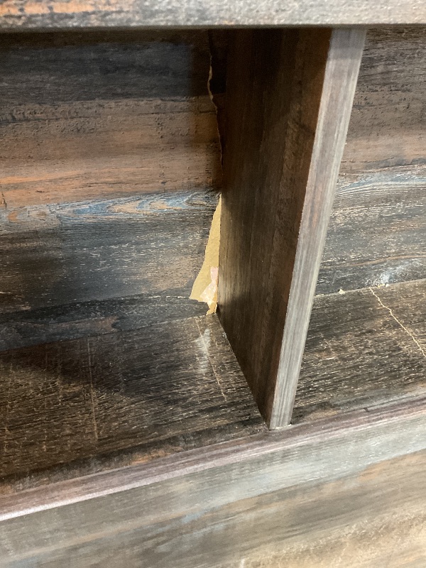 Photo 1 of ***HEADBOARD ONLY, MAJOR DAMAGE ***Signature Design by Ashley Drystan Rustic King Bookcase Bed with 2 Storage Drawers, Open Cubbies and LED Light, Foundation or Box Spring Not Needed, Dark Brown & Gray