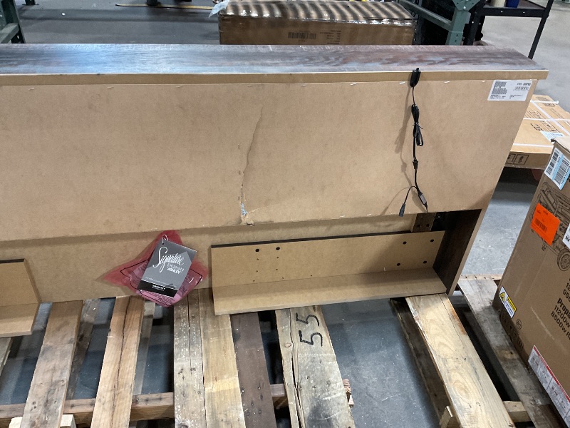 Photo 1 of ***HEADBOARD ONLY, MAJOR DAMAGE ***Signature Design by Ashley Drystan Rustic King Bookcase Bed with 2 Storage Drawers, Open Cubbies and LED Light, Foundation or Box Spring Not Needed, Dark Brown & Gray