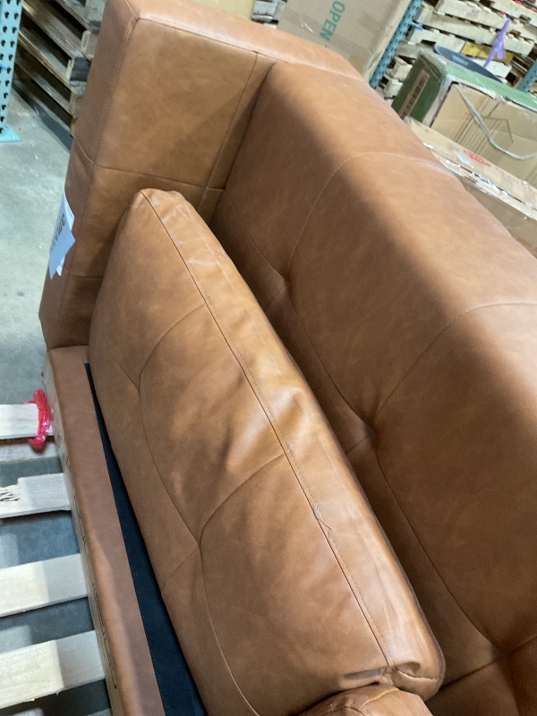 Photo 1 of **MISSING ONE LEG. BOTTOM FABRIC TORN**  GarveeHome 3-Seater Sofa Couch, 83 in Wide Faux Leather Sofa Couch with Spring Cushion, Modern Sofa with Deep Seats and 2 Removable Back Cushions, for Living Room, Bedroom, Apartment, Office, Brown