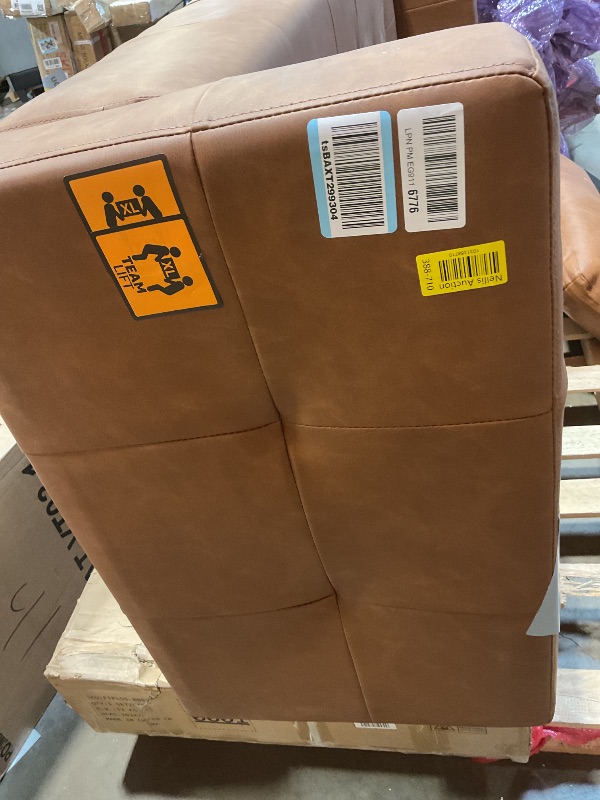 Photo 1 of **MISSING ONE LEG. BOTTOM FABRIC TORN**  GarveeHome 3-Seater Sofa Couch, 83 in Wide Faux Leather Sofa Couch with Spring Cushion, Modern Sofa with Deep Seats and 2 Removable Back Cushions, for Living Room, Bedroom, Apartment, Office, Brown