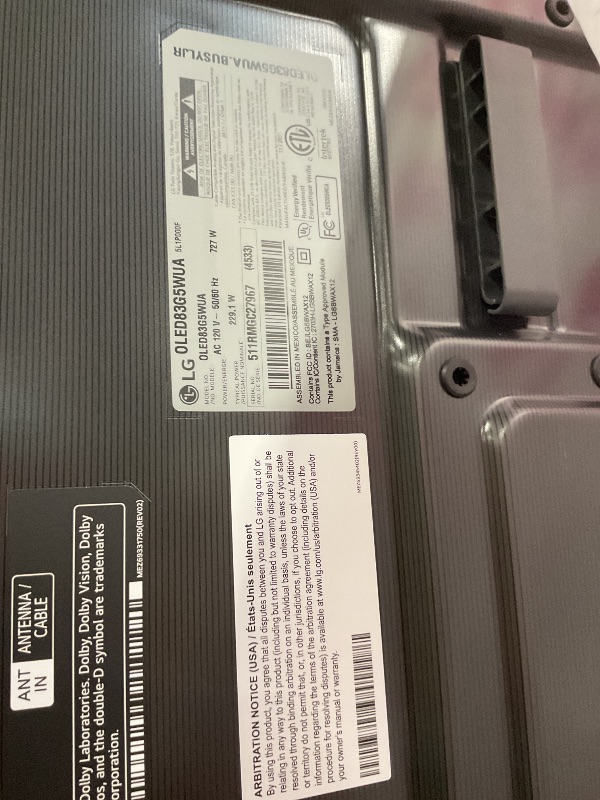 Photo 1 of *** NO POWER CAN BE USED FOR PARTS**** LG 83-Inch Class OLED evo AI 4K G5 Series Smart TV w/Dolby Atmos, Dolby Vision, HDR10, AI Super Upscaling 4K, Filmmaker Mode, Wow Orchestra, Alexa Built-in (OLED83G5WUA, 2025)