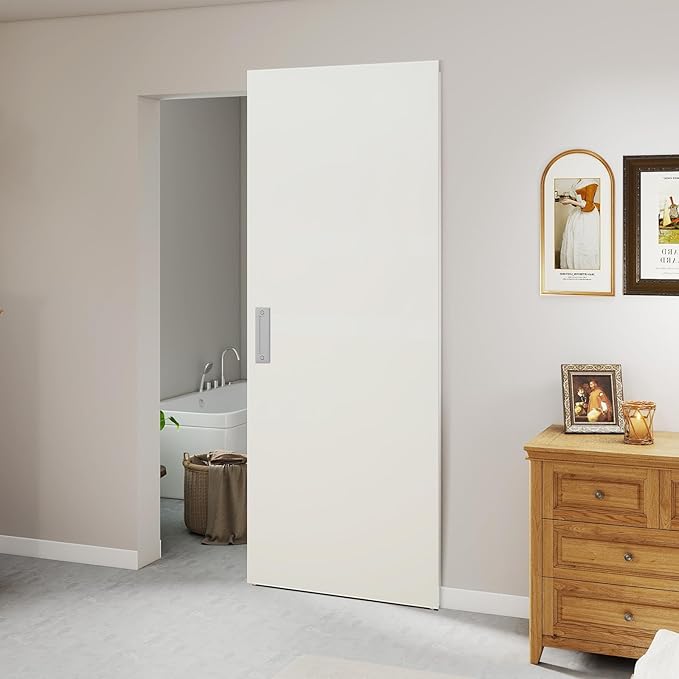 Photo 1 of **DOOR ONLY. PUNCTURE/SCRATCH DAMAGE**BarnSmith Concealed Sliding Barn Door, White Primed Flush Solid Core Sliding Hidden Barn Door with Soft Close Installation Hardware and Double Sided Pulls Included
36*84