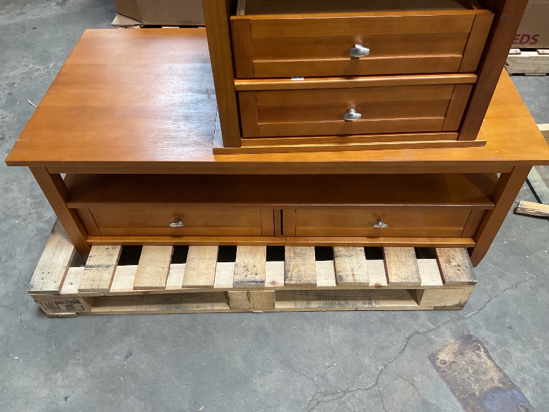 Photo 1 of *** MINOR DAMAGE***1031390002
SIMPLIHOME Warm Shaker Coffee Table - 48 inch Wide Solid Wood Coffee Table in Light Golden Brown, Transitional Living Room Table with 2 Drawers, Open Shelf, Shaker Fronts and Tapered Legs