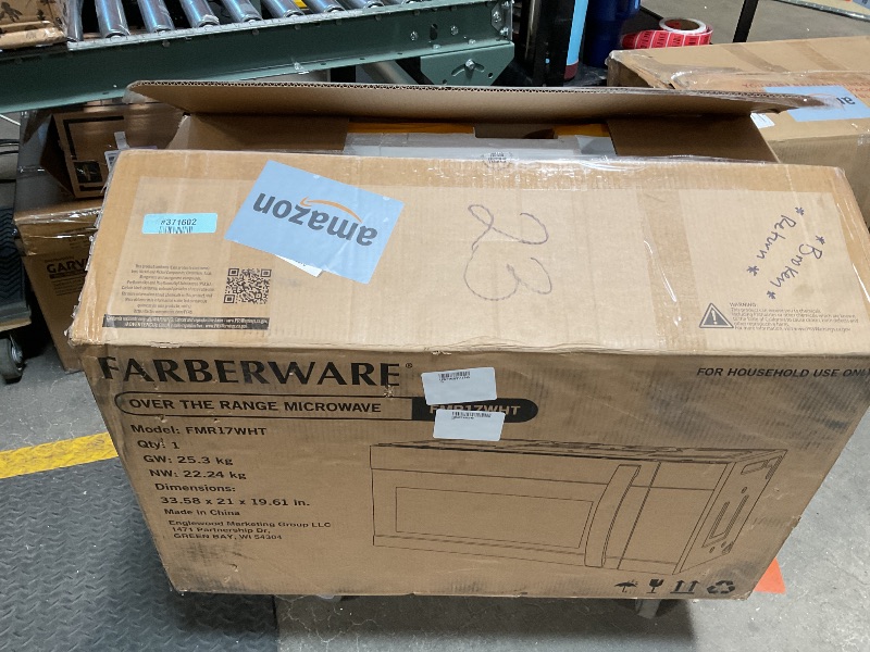 Photo 1 of *** USED/MAJOR DAMAGE***Farberware 1.7 Cu. Ft. Over-the-Range Microwave Oven – 1000 Watts Power, Auto Cook Settings, Defrost, Easy Clean and Child Safety Lock - White
