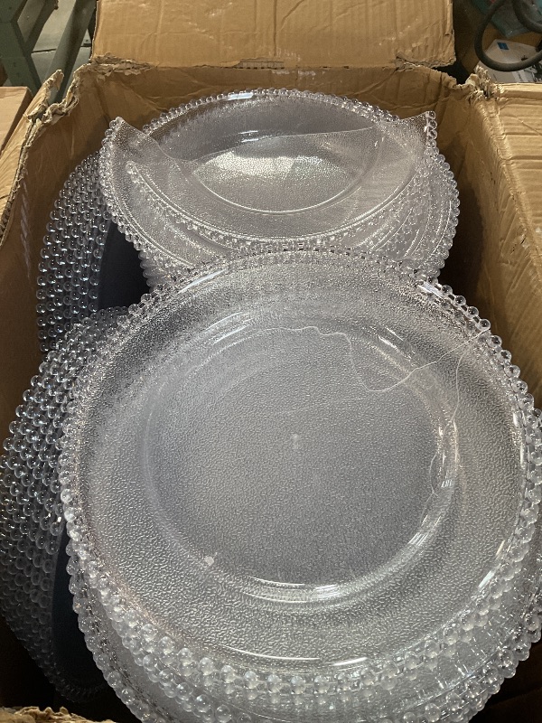 Photo 1 of *** MAJOR DAMAGE***Hoolerry 100 Pack Clear Charger Plates Bulk 13 Inch Acrylic Round Dinner Charger Plates Beaded Frosted Grain Dinner Decorative Dishes for Wedding Party Events Home Kitchen Tabletop(Clear,Beads)