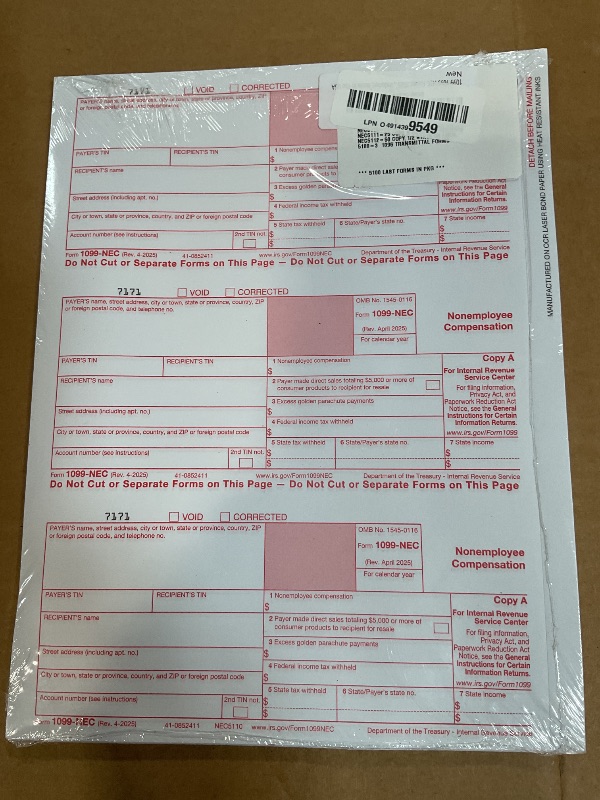 Photo 1 of 1099 NEC Forms 2025 4 Part Tax Forms Kit of Laser Forms, Compatible with QuickBooks and Accounting, 25 Pack, Software and Envelopes NOT Included, Made in The USA