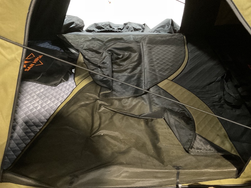 Photo 1 of *** MAJOR DAMAGE***SANHIMA ROOFTOP TENT HARD SHELL - HOTHAM LITE OVERLAND ALUMINIUM ROOF TOP TENT 4.56" SLIMLINE, W/TRI-COLOR LED STRIP LIGHT & 1.97” THICK MATTRESS, FOR CAR SUV TRUCK CAMPING, 2-3 PEOPLE (ARMY GREEN)