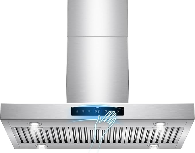 Photo 1 of 36 inch Island Range Hood Ceiling Mount 1200 CFM with 4-Speed Gesture Sensing & Touch Control, Ducted/Ductless Stainless Steel Kitchen Stove Vent Hoods with 4 LED Lights, Timer,Dishwash