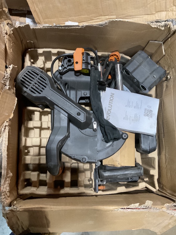 Photo 1 of *** USED/MINOR DAMAGE/UNKNOWN MISSING PARTS***Evolution Power Tools R255SMS-DB+ 10-Inch Dual Bevel Sliding Miter Saw Multi-Material, Multipurpose Cutting Cuts Metal, Plastic, Wood 45?-45? Double Bevel & 50?-50? Miter TCT Blade Included