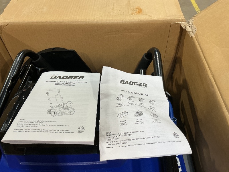 Photo 1 of ***USED***Wild Badger Power Cordless Snow Blower 40V 20" Electric, Brushless Battery Powered with LED Single Stage for Wet Snow and Heavy Snow, Blue