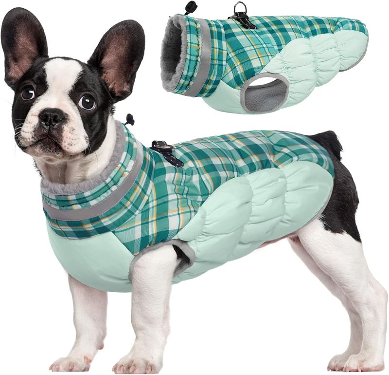 Photo 1 of (FAIR) FUAMEY Dog Winter Coat,Dog Jackets with Harness Built in Dog Cold Weather Coats Dog Paded Vest Dog Apparel with Zipper on Back Pet Reflective Clothes for Small Medium Large Dogs Green Plaid M