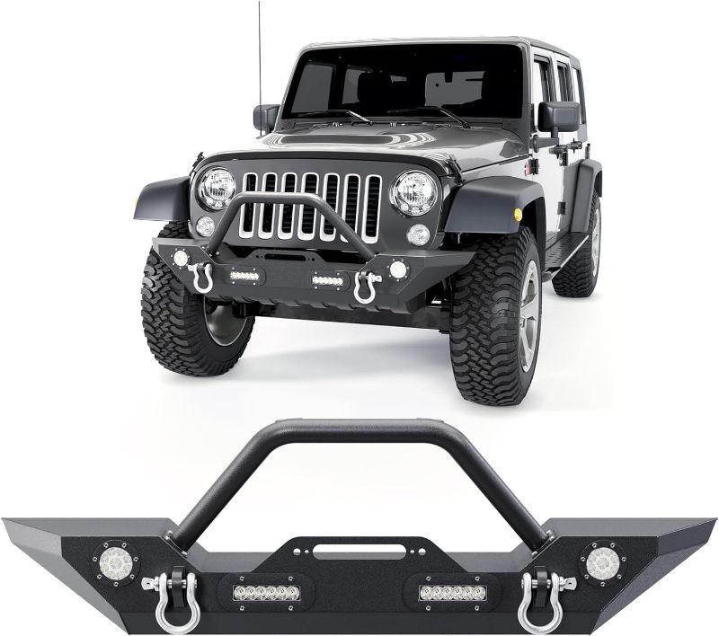 Photo 1 of ?ECOTRIC Front Bumper Compatible with 2007-2024 Wrangler JK/JKU JL/JLU Gladiator JT Front Bumper Rock Crawler Winch Plate W/Winch Plate & 2 18W LED Lights D-rings
