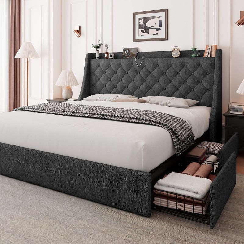 Photo 1 of ***NONREFUNDABLE - THIS SALE FINAL - SEE COMMENTS***
Feonase King Size Upholstered Bed Frame with 4 Storage Drawers, Type-C & USB Port and Charging Station, Wingback Headboard and Storage Shelf, No Box Spring Needed, Easy Assembly, Light Grey