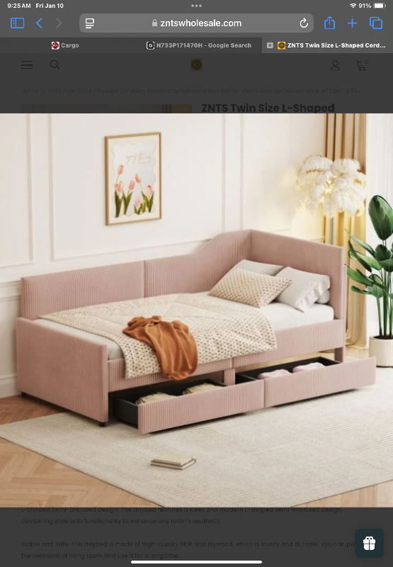 Photo 3 of *ONLY PARTS FROM BOX 1 OF 2* ZNTS Twin Size L-Shaped Corduroy Daybed,Upholstered Bed Frame with 2 Storage Drawers,Pink N733P171470H *ONLY BOX 1 OF 2*