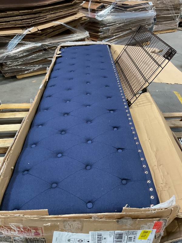 Photo 3 of *MISSING HARDWARE* 
Upholstered Platform Bed Frame with Four Drawers, Button Tufted Headboard and Footboard Sturdy Metal Support, No Box Spring Required, Blue, King Bed