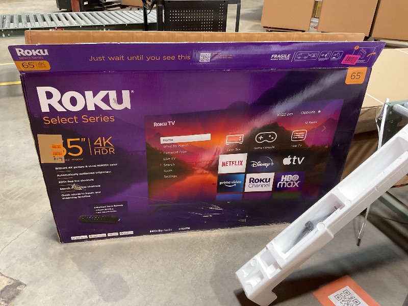 Photo 1 of Roku Smart TV – 65-Inch Select Series 4K HDR RokuTV with Roku Enhanced Voice Remote, Brilliant 4K Picture, Automatic Brightness, & Seamless Streaming – Live Local News, Sports, Family Entertainment this item was still in the factory seal when I opened it 