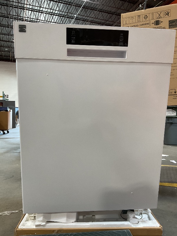 Photo 2 of **FOR PARTS ONLY/ DOOR DENTED AND MISSING REAR LEGS** Kenmore 24" Built-In Stainless Steel Tub Dishwasher with SmartWash, Smart Dry, and MoreSpace Adjustable Rack, Energy Star Certified, White