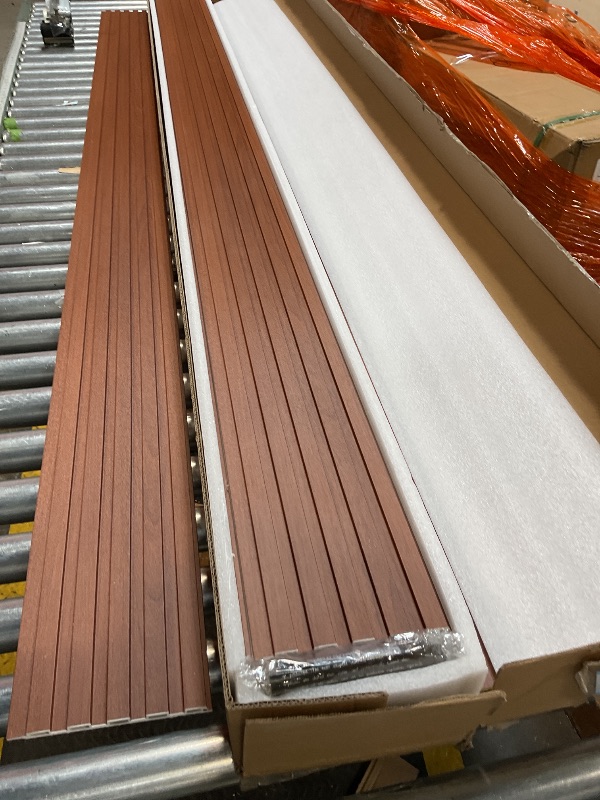 Photo 1 of Art3d Slat Wall Panels, WPC Soundproof 3D Wall Paneling for Interior Wall Decor, TV Background, 8-Pack 96 x 6 in. Teak