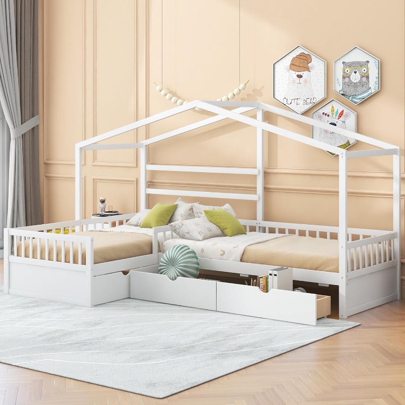 Photo 1 of L Shaped Bed Frame for Kids, Double Twin Corner House Bed with 3 Storage Drawers & Fence, Modern Solid Wood Platform Bed for Girls Boys Bedroom