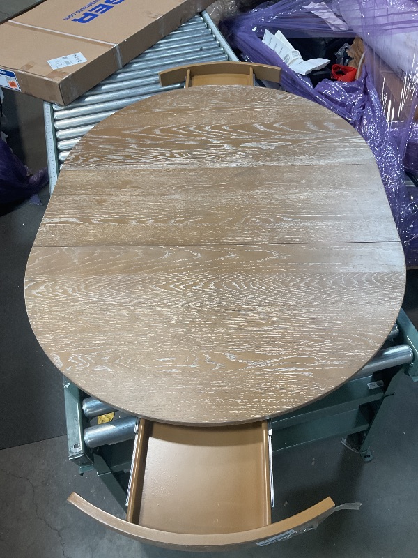 Photo 1 of *MISSING HARDWARE* Merax Farmhouse Wood 5-Piece Multifunction Dining Set, 56 inch Extendable Round Table with Storage Drawers, 4 Upholstered Chairs for Kitchen, Natural Wood Wash