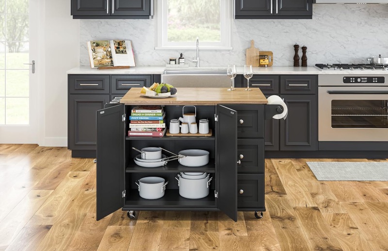 Photo 1 of *MINOR DAMAGE - SEE PICS* Homestyles Dolly Madison Black Mobile Kitchen Island Cart with Wood Drop Leaf Breakfast Bar
