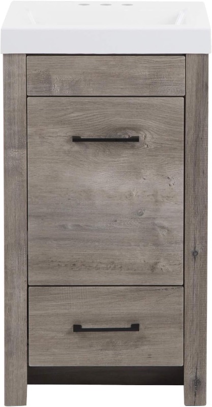 Photo 1 of *CABINET ONLY - SINK BROKEN*Spring Mill Cabinets Nixie 18 Inch Bathroom Vanity with White Single Sink Top, 1-Door Cabinet, 1 Drawer, 18.5" W x 16.75" D x 34.38" H, White Washed Oak