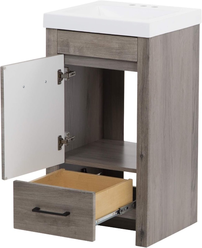 Photo 1 of *CABINET ONLY - SINK BROKEN*Spring Mill Cabinets Nixie 18 Inch Bathroom Vanity with White Single Sink Top, 1-Door Cabinet, 1 Drawer, 18.5" W x 16.75" D x 34.38" H, White Washed Oak