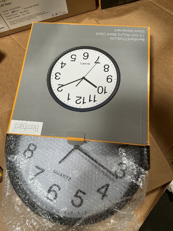 Photo 1 of **CLOCK FACE CRACKED*** Bernhard Products Black Wall Clock, Large 13-Inch Silent Non Ticking Quartz Battery Operated Round Easy to Read Classroom/Home/School/Office Clock