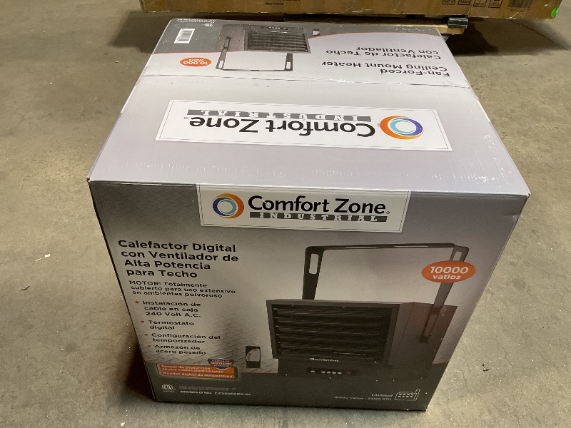 Photo 1 of *** USED, MINOR DAMAGE, UNKNOWN MISSING PARTS***Comfort Zone 10,000W Hard-Wired Garage Heater – Industrial & Commercial Ceiling Mount, 240V Fan-Forced Heater with Remote, Digital Thermostat, Timer, 2 Heat Settings, Overheat Protection, Black