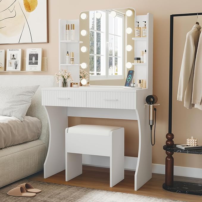 Photo 1 of *** PICTURE FOR REFERENCE***Small Vanity Desk with Mirror and Lights, Makeup Vanity Desk with 3 Color Modes Adjustable Bulb, 2 Large Drawers and 4 Open Storage Shelves, White Vanity with Charging Station for Bedroom, BLACK