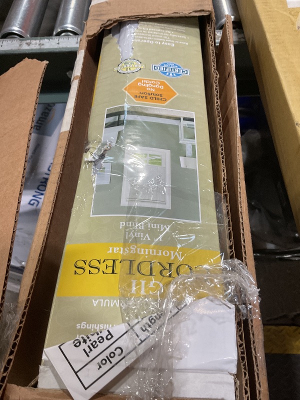 Photo 1 of **DIRTY (HAIR OR DUST)** Cordless Light Filtering Mini Blind - 60 Inch Width, 64 Inch Length, 1" Slat Size - Pearl White - Cordless GII Morningstar Horizontal Windows Blinds for Interior by Achim Home Decor