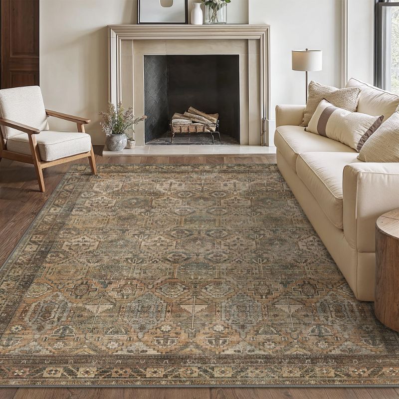 Photo 1 of ***ODOR (DOG/ CAT SMELL)*** Bavni Washable Rug 5x7 Area Rug for Living Room Bedroom Dining, Washable Vintage Print Carpet, Ultra-Thin Chenille Low Pile Lightweight Rug with Non Slip Backing, Warm Taupe