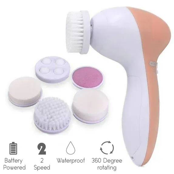 Photo 1 of 5 in 1 Facial cleansing brush- waterproof face spin brush set, deep cleansing, gentle exfoliating, removing blackheads, massaging, face and body Peach

