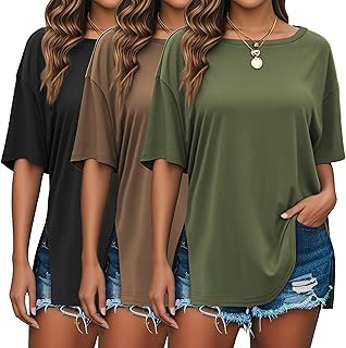 Photo 1 of (MISSING BLACK SHIRT) Huukeay 3 Pack Women's Oversized Side Slit T Shirts Boat Neck Gym Workout Tops Short Sleeve Loose Fit Shirts Baggy Basic Tee(Army Green, Brown, Black,Large)