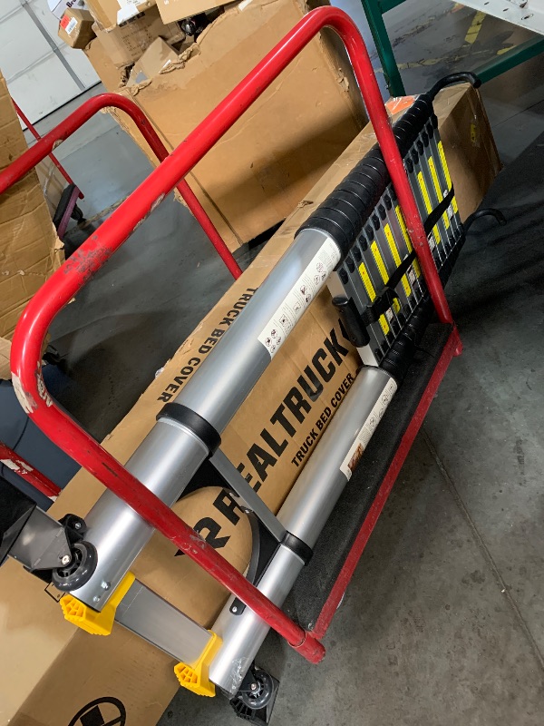 Photo 1 of (used)(missing one washer)(see all images) 26.2FT Telescoping Ladder with Stabilizer Bar Wheels and Hooks, Multi-Purpose Extension Aluminum Folding Ladder Collapsible